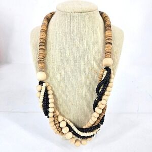 Vintage African Layered Wood Bone Bead Necklace Natural Earthy Tribal Statement‎